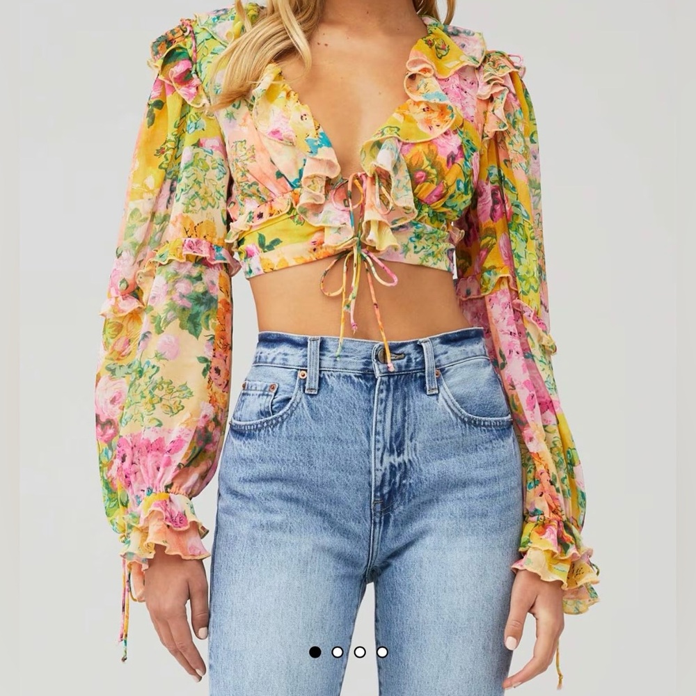 For Love & Lemons Yellow Nina Floral Print Top, Size XS